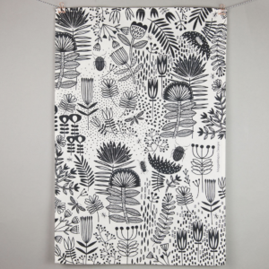White and Black Folk Art Floral Pattern Teatowel